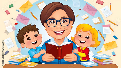 Illustration Happy Teacher Reading Books with Kids in a Fun Cartoon Style