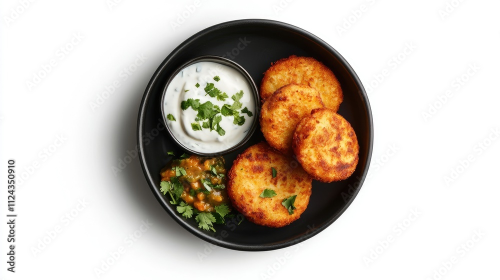 Crispy Golden Potato Fritters Served with Fresh Green Chutney and Creamy Yogurt Dip on a Black Plate Against a White Background for Food Photography Crispy Golden Potato Fritters Served with Fresh Green Chutney and Creamy Yogurt Dip on a Black Plate Against a White Background for Food Photography