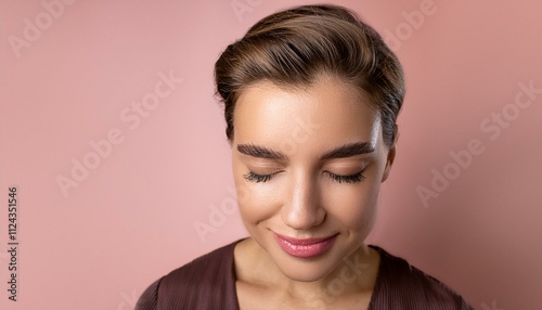 Bashful Shyness A close-up of a woman with her cheeks slightly flushed, her eyes looking down, and a shy smile tugging at her lips. A light pink background adds to the gentle and modest atmosphere.