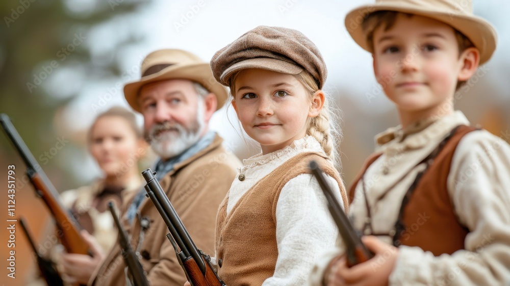 Activity for baby boomers. Group of children and adults with rifles in vintage attire outdoors. Activity for baby boomers. Group of children and adults with rifles in vintage attire outdoors.