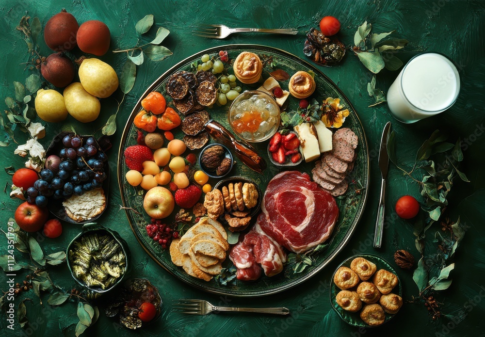 Delightful Feast of Fresh Fruits, Cheeses, Meats, and Desserts Arranged Beautifully on a Decorative Platter Surrounded by Natural Elements on a Green Background Delightful Feast of Fresh Fruits, Cheeses, Meats, and Desserts Arranged Beautifully on a Decorative Platter Surrounded by Natural Elements on a Green Background