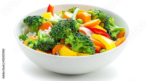 A bowl of colorful vegetable stir fry on a white background.