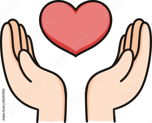 vector illustration of pink heart symbol with both hands open facing upwards, showing love and peace symbol