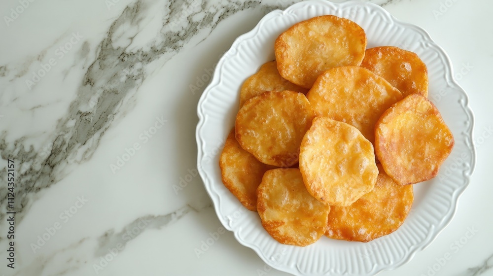 Crispy Golden Potato Chips on a Decorative White Plate Against a Marble Background, Ideal for Snack Food, Culinary Arts, and Delicious Treats Imagery Crispy Golden Potato Chips on a Decorative White Plate Against a Marble Background, Ideal for Snack Food, Culinary Arts, and Delicious Treats Imagery