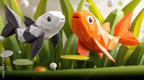 Low-poly serene pond with koi fish and lily pads