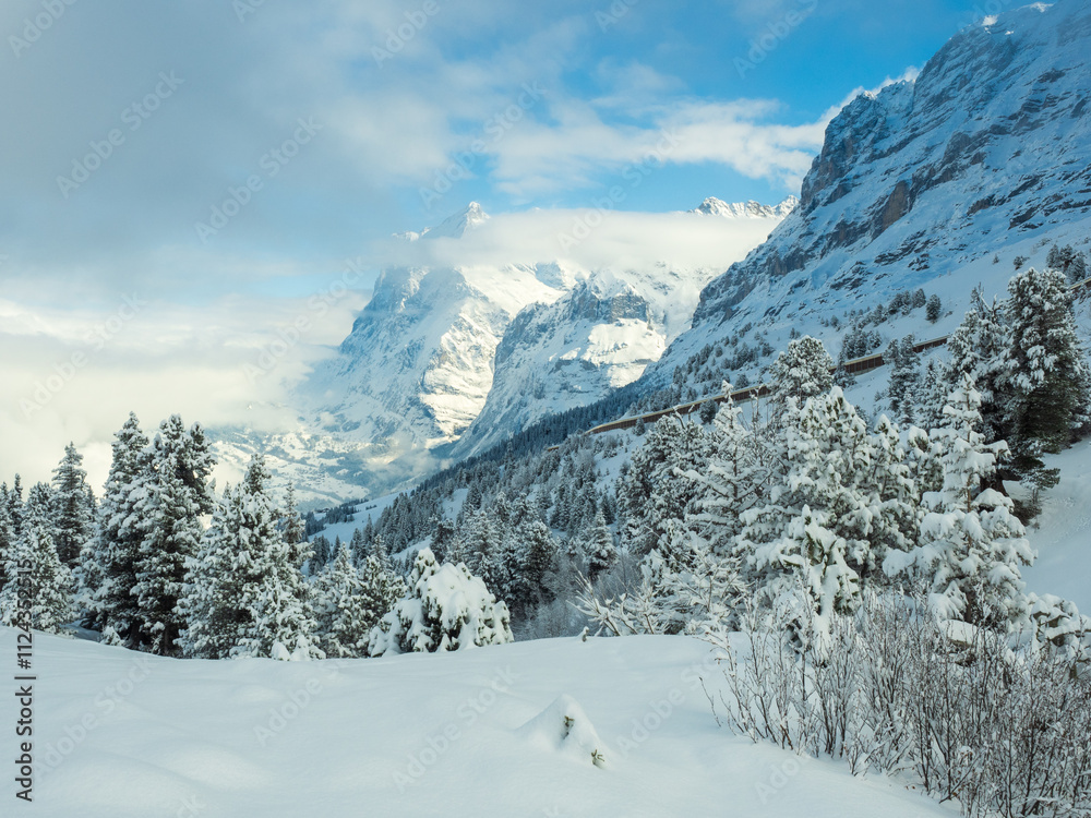Fototapeta premium Beautiful views of the winter mountain peaks - the best place for a holiday. Grindelwald, Swiss Alps