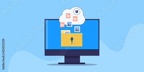 Cloud computing and online storage concept. Uploading file to cloud server conceptual vector illustration.