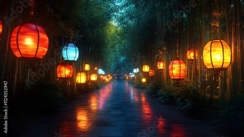 Illuminated pathway lined with lanterns in a bamboo forest at night.