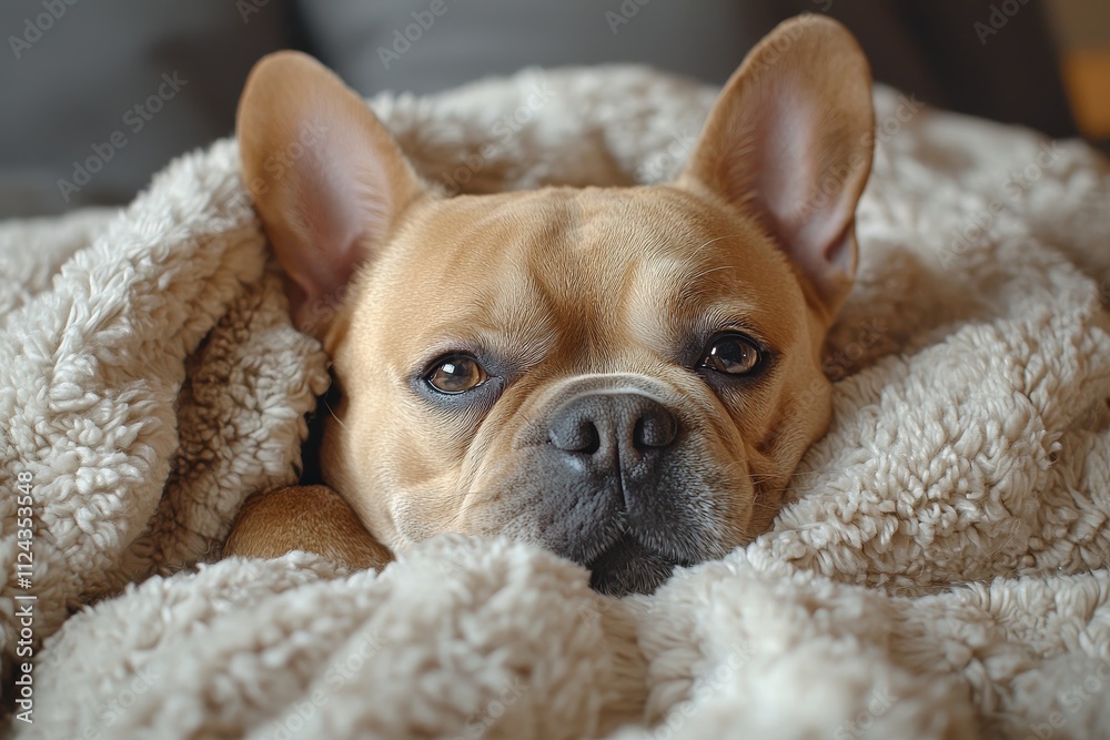 Cozy Bulldog Snuggled in a Furry Blanket Cozy Bulldog Snuggled in a Furry Blanket