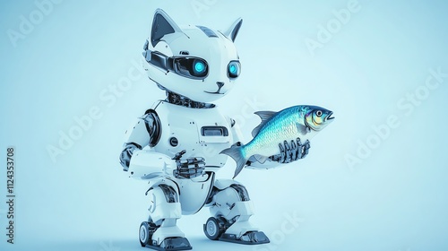 A white robot cat holding a gold fish on a blue background. photo