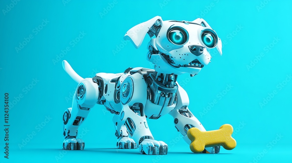 A white robotic dog playing with a yellow bone. A white robotic dog playing with a yellow bone.