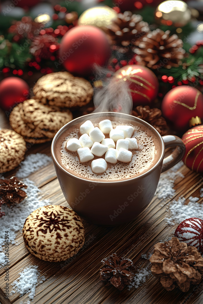 Steaming mug of hot chocolate with marshmallows and Christmas cookies on wooden table. Steaming mug of hot chocolate with marshmallows and Christmas cookies on wooden table.