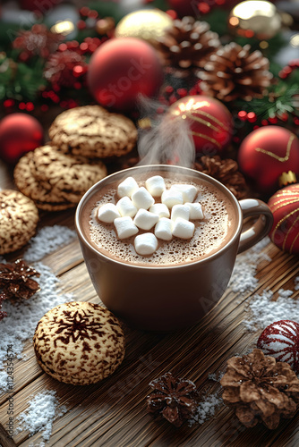 Steaming mug of hot chocolate with marshmallows and Christmas cookies on wooden table.