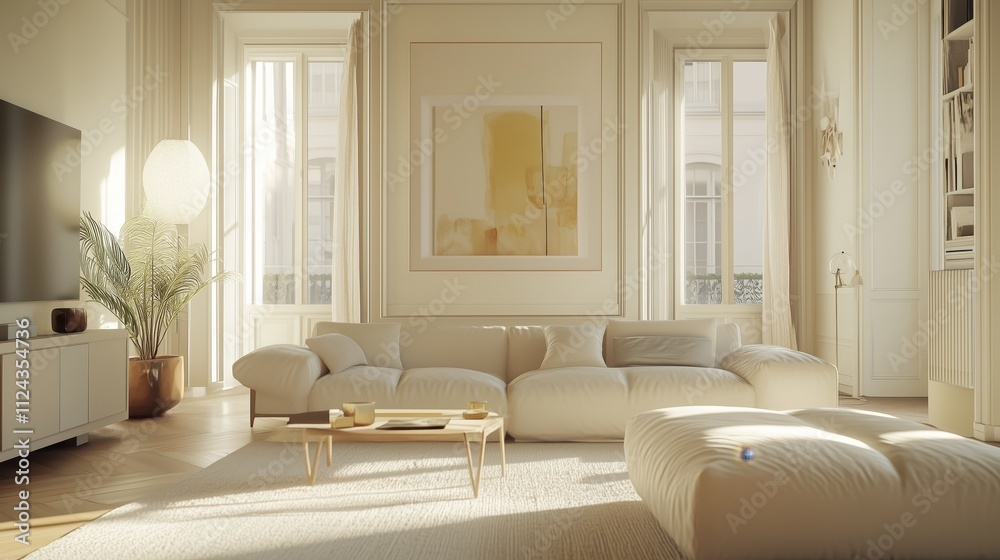 Fototapeta premium Bright Minimalist Living Room with Neutral Tones and Natural Light - made with Generative AI