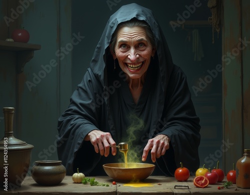 Old ugly witch making a pot...