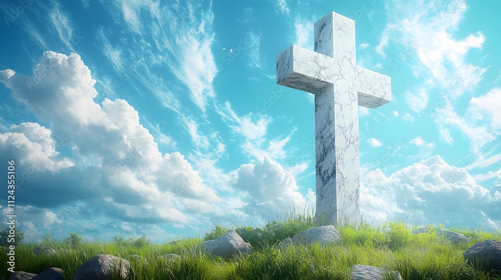 Marble cross on grassy hill against a bright sky. Marble cross on grassy hill against a bright sky.