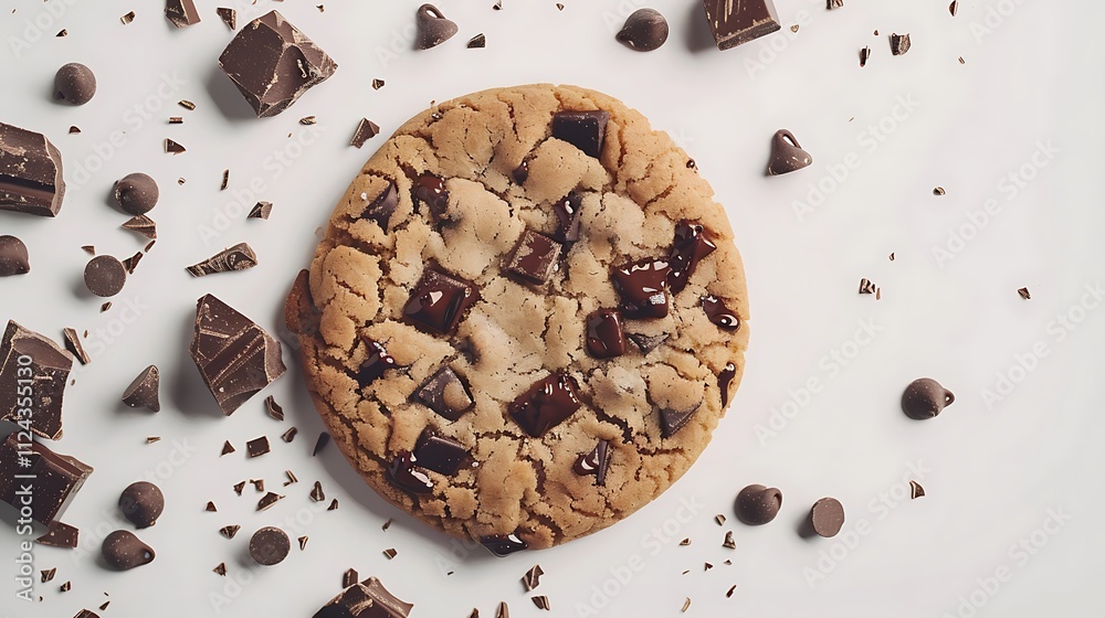 A chocolate chip cookie with gooey chocolate chunks on a white background. A chocolate chip cookie with gooey chocolate chunks on a white background.