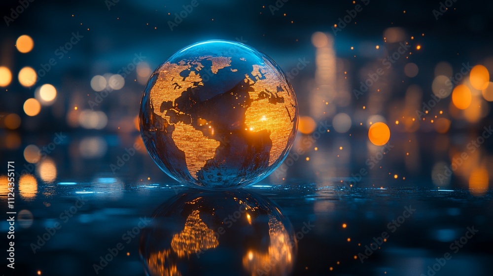 Crystal globe reflecting city lights at night. Crystal globe reflecting city lights at night.