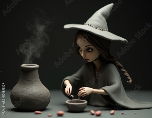 Witch making a potion. Clay...