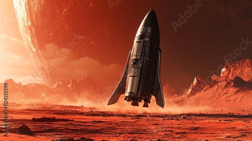 A spaceship lands on the surface of Mars, a large red planet.