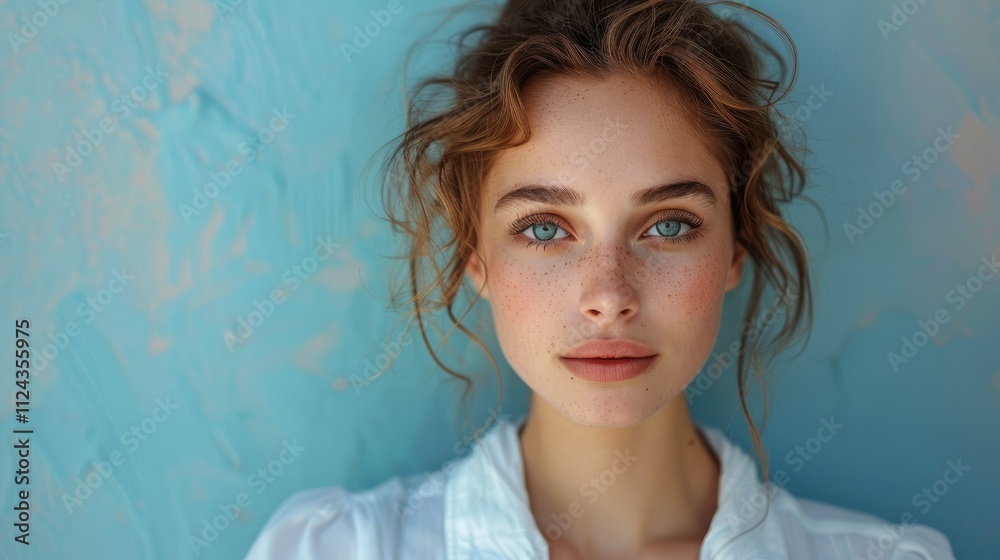 Close-up portrait of a young woman with freckles and blue eyes, against a textured blue background.