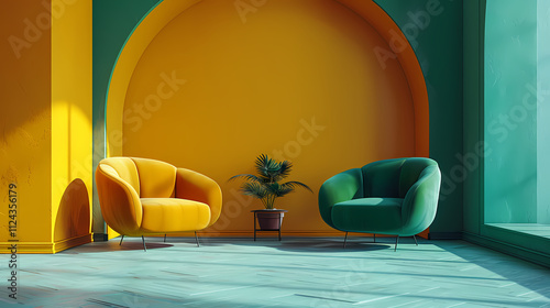 Vibrant Yellow and Green Interior: Two plush velvet armchairs, one mustard yellow and the other emerald green. photo