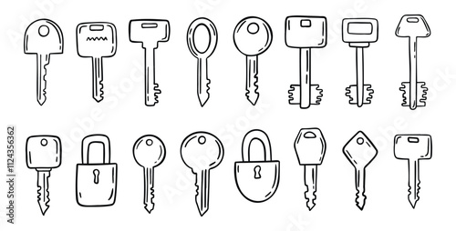 Sketch hand drawn doodle key icon set. Vintage locks and keys. Outline decor security elements collection.