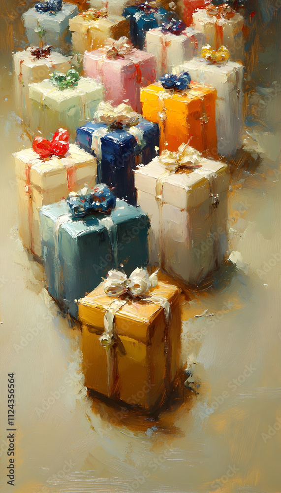 Colorful gift boxes arranged in a row on a neutral background.