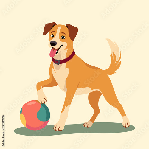 Happy dog playing with a colorful ball on a light background  