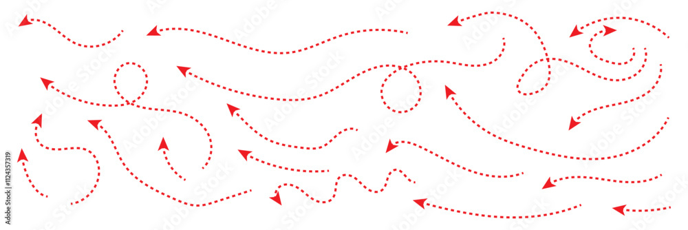 Set of hand drawn thin dash line arrows. Collection of curved pointers. Red dot vector pointers pointing in different directions. Simple design elements of signpost showing confusing complex path.