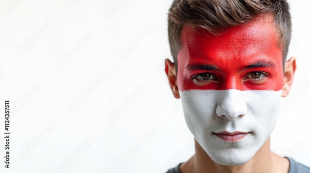 Man with face painted in red and white, representing Indonesian flag, looking ahead Man with face painted in red and white, representing Indonesian flag, looking ahead