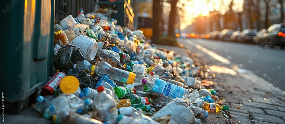 Overflowing trash bin with plastic bottles and waste on city street at sunset. Overflowing trash bin with plastic bottles and waste on city street at sunset.