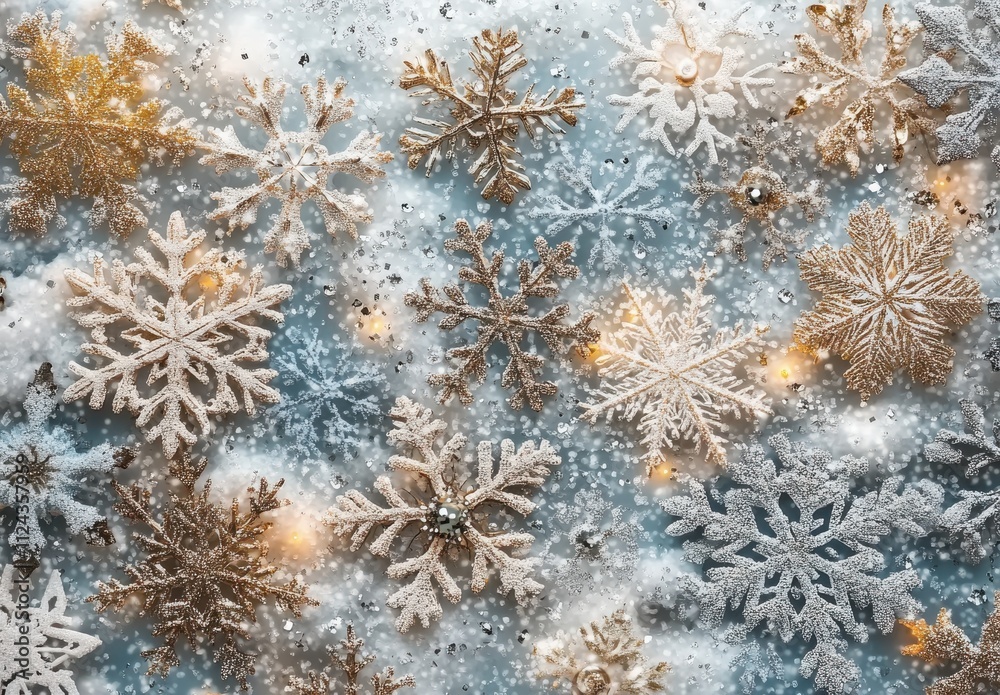 Elegant Snowflakes on a Soft Blue Background with Sparkling Glitter and Warm Light Accents for a Cozy Winter or Holiday Theme Elegant Snowflakes on a Soft Blue Background with Sparkling Glitter and Warm Light Accents for a Cozy Winter or Holiday Theme