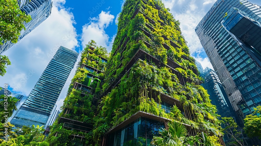 Obraz premium Lush green vertical garden on modern skyscraper amidst city buildings.