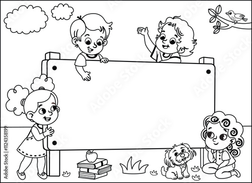 Children are having fun around a big wooden board. Black and white vector illustration.
