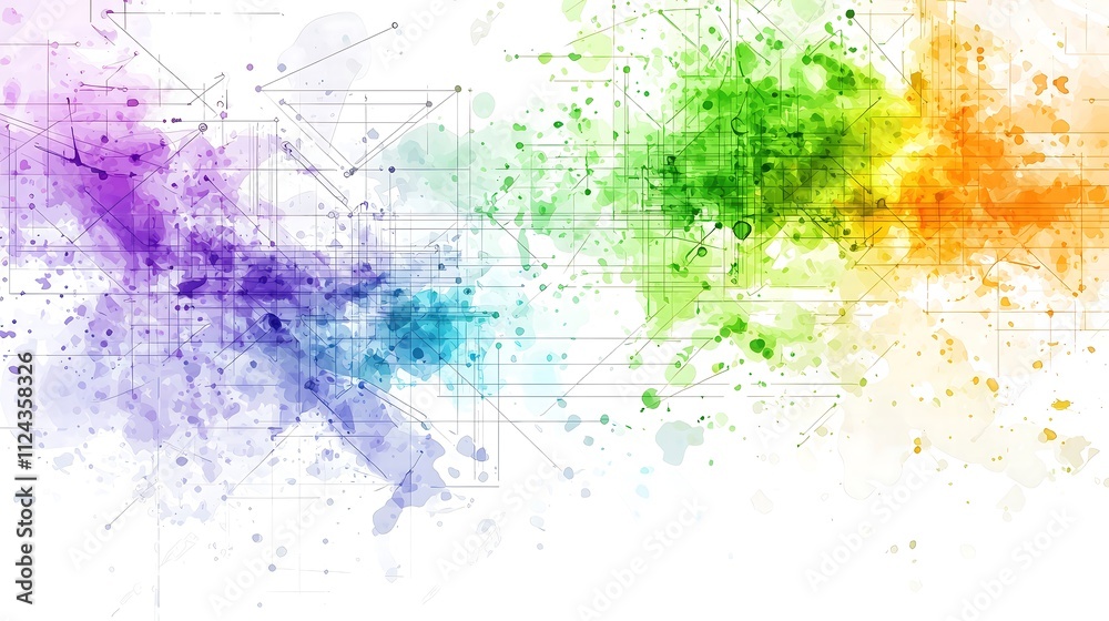 Obraz premium An abstract watercolor splash background that combines vibrant greens, purples, and oranges, creating a lively atmosphere. The fluid, organic shapes offer a sense of movement, making it suitable for