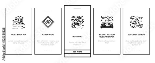 hurricane cyclone storm wind onboarding mobile vector typhoon rain, surge flood, eyewall vortex, pressure tropical, gust, landfall warning hurricane cyclone storm wind illustrations
