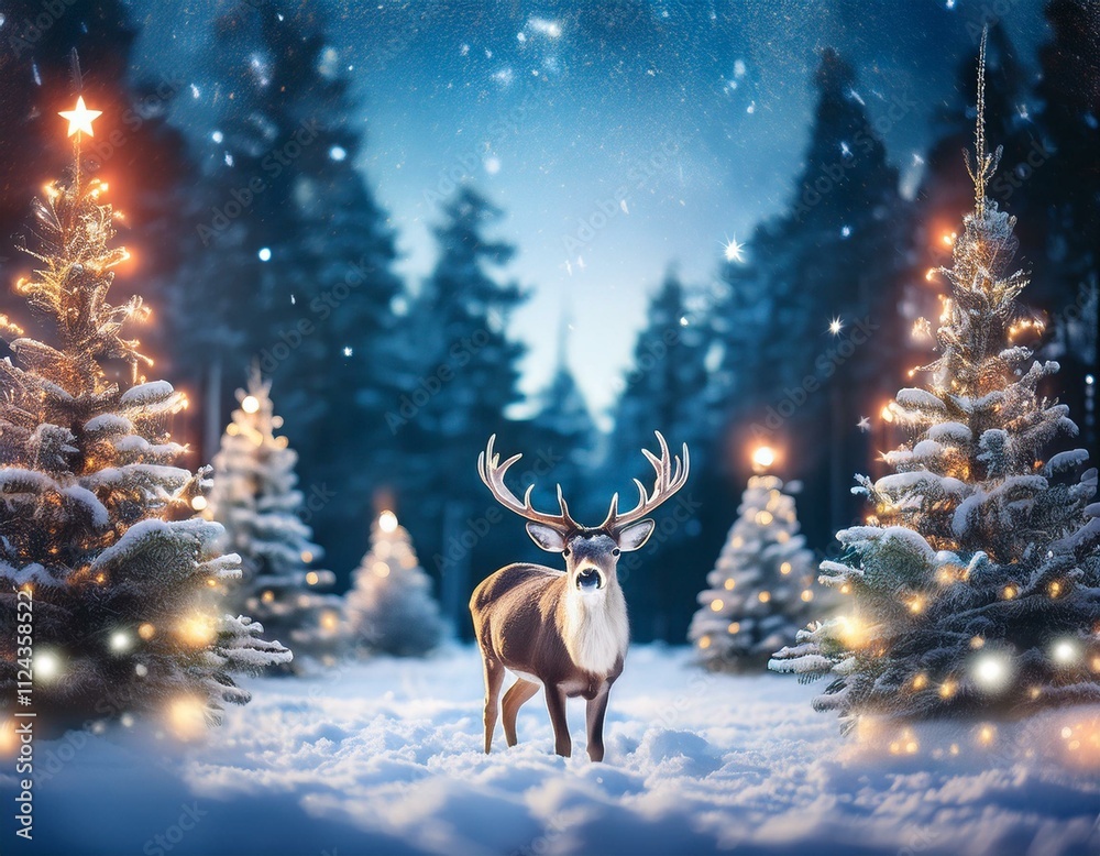 Magical Reindeer in a Snowy Christmas Forest with Lights and Stars Magical Reindeer in a Snowy Christmas Forest with Lights and Stars