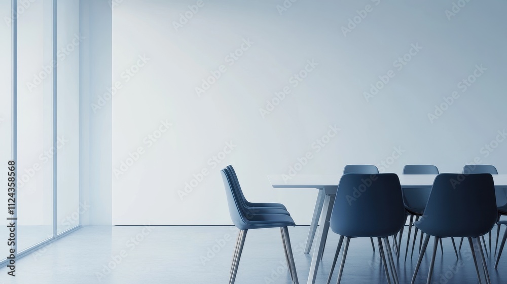 Fototapeta premium Minimalist Dining Room with Large Windows and Modern Furniture