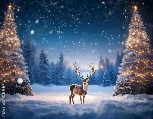 Magical Reindeer in a Snowy Christmas Forest with Lights and Stars