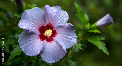 A vibrant yellow hibiscus flower with a red and white center, adorned with dew drops, surrounded by lush green leaves against a dark background.