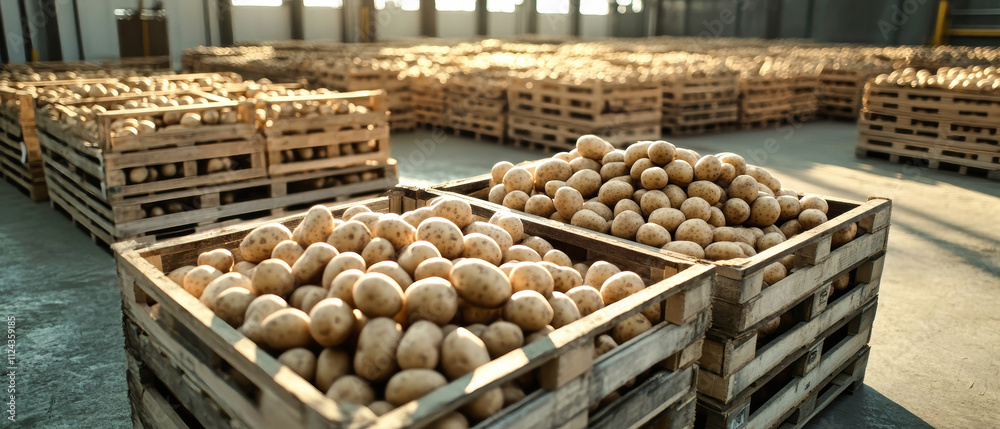 Sunlit warehouse filled with wooden crates of fresh potatoes ready for distribution and storage in a rustic setting Sunlit warehouse filled with wooden crates of fresh potatoes ready for distribution and storage in a rustic setting