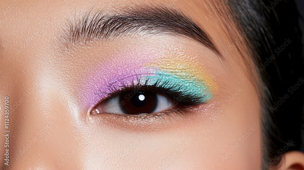 Obraz premium A portrait featuring a dramatic eye makeup look with colorful pigments on a model, emphasized by the subtle texture of the black background, drawing the viewers focus to the artistry of the makeup.