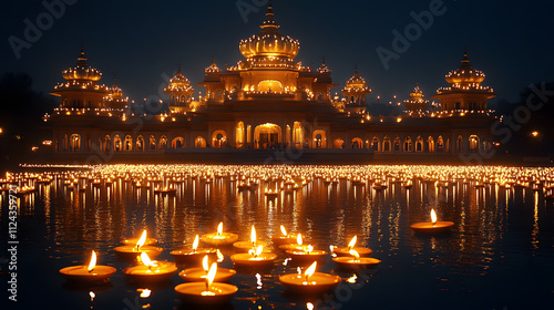  grand temple illuminated under the night sky, with countless glowing diyas floating on tranquil water, embodying spiritual and festive serenity. photo