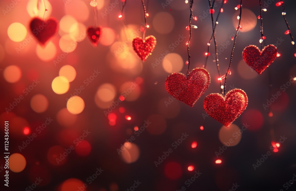 Enchanting Red Hearts Dangling with Sparkling Lights Creating a Romantic Atmosphere for Celebrations and Special Occasions in a Dreamy Bokeh Background Enchanting Red Hearts Dangling with Sparkling Lights Creating a Romantic Atmosphere for Celebrations and Special Occasions in a Dreamy Bokeh Background