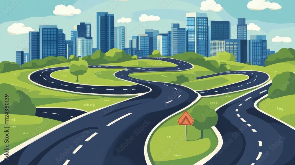 Fototapeta premium City and roads background illustration concept. Public park and town with sky background.Beautiful nature scene with road to city.