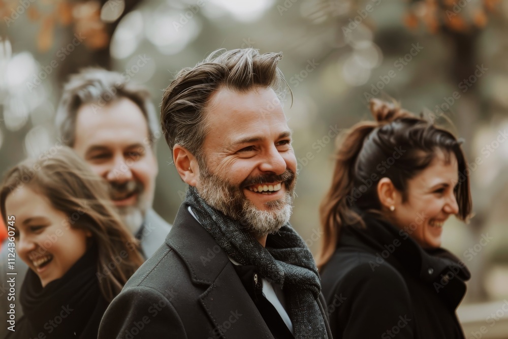 Handsome middle-aged man smiling while walking with his friends Handsome middle-aged man smiling while walking with his friends