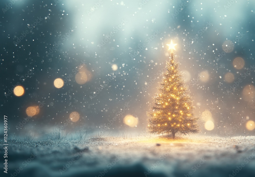 Enchanting winter scene featuring a beautifully lit Christmas tree surrounded by gently falling snowflakes and a dreamy bokeh background, evoking holiday spirit and joy Enchanting winter scene featuring a beautifully lit Christmas tree surrounded by gently falling snowflakes and a dreamy bokeh background, evoking holiday spirit and joy