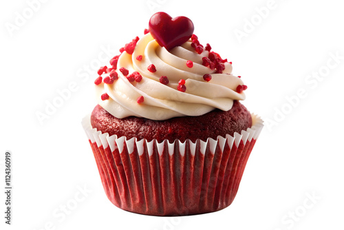 red velvet cupcake with heart-shaped sprinkles cut out isolated on white background