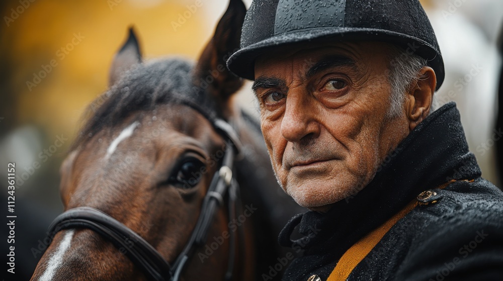 An elderly male jockey dressed in black tight-fitting clothing stands next to his horse in an autumn landscape. Both exhibit a calm demeanor, ready for the next race. An elderly male jockey dressed in black tight-fitting clothing stands next to his horse in an autumn landscape. Both exhibit a calm demeanor, ready for the next race.